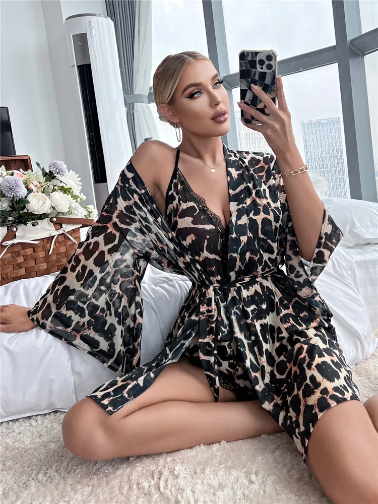 Summer Women\'s Pajamas Set Leopard Trumpet Sleeve Belted Mesh Sleep Robe & Crisscross Backless Night Romper