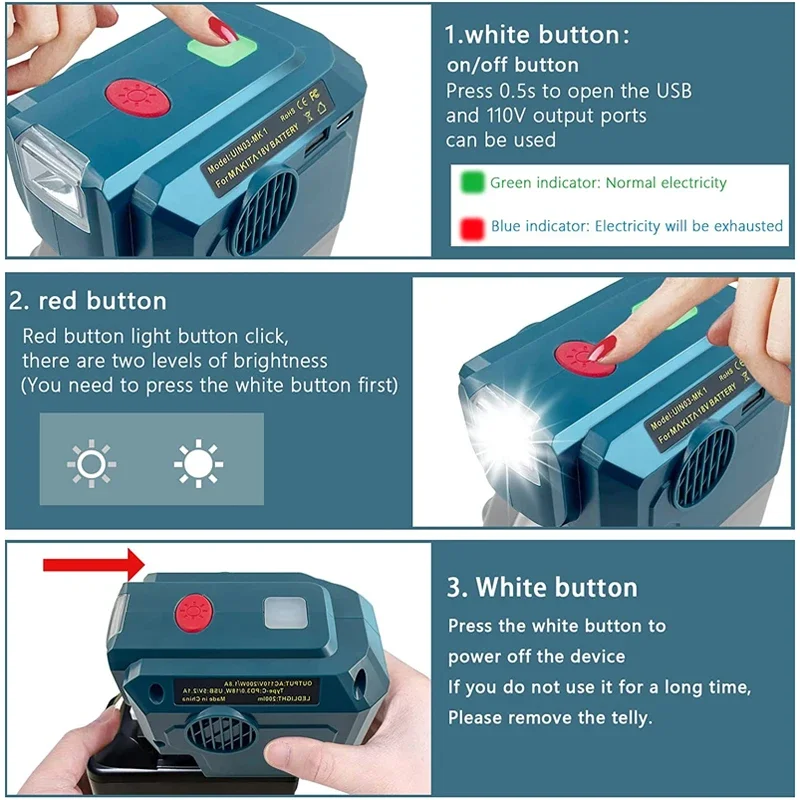 200W Power Inverter for Makita/Dewalt/Milwaukee 18V 20V Li-ion Battery To 110/220V Modified Sine Wave Inverter with LED Light