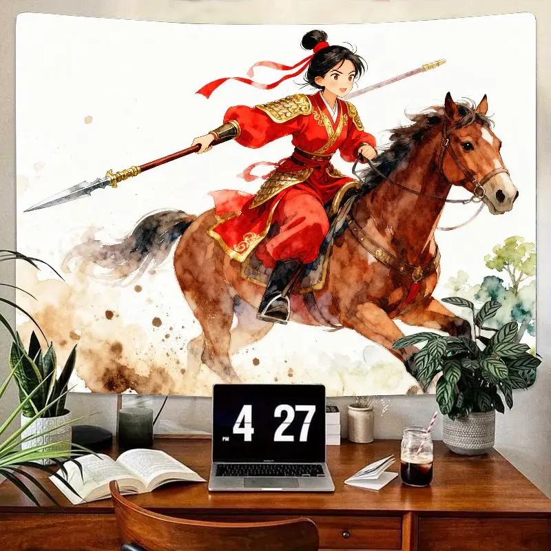 

1 шт., гобелен с изображением лошади-фэнтези-героини, красный китайский воин, настенное искусство, полиэстер, декор для гостиной, спальни, общежития, подарок.