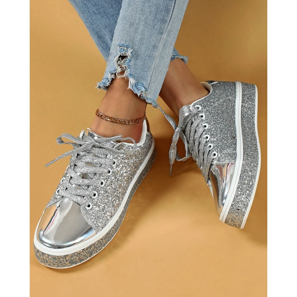 Women Sequins Decor Lace-up Sneakers Daily Espadrille Femme Round Toe Sports Shoes Fashion Casual Shoes Women