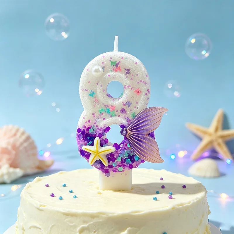0-9 New Mermaid Tail Digital Candle Purple Sequined Anniversary Candle Birthday Party Cake