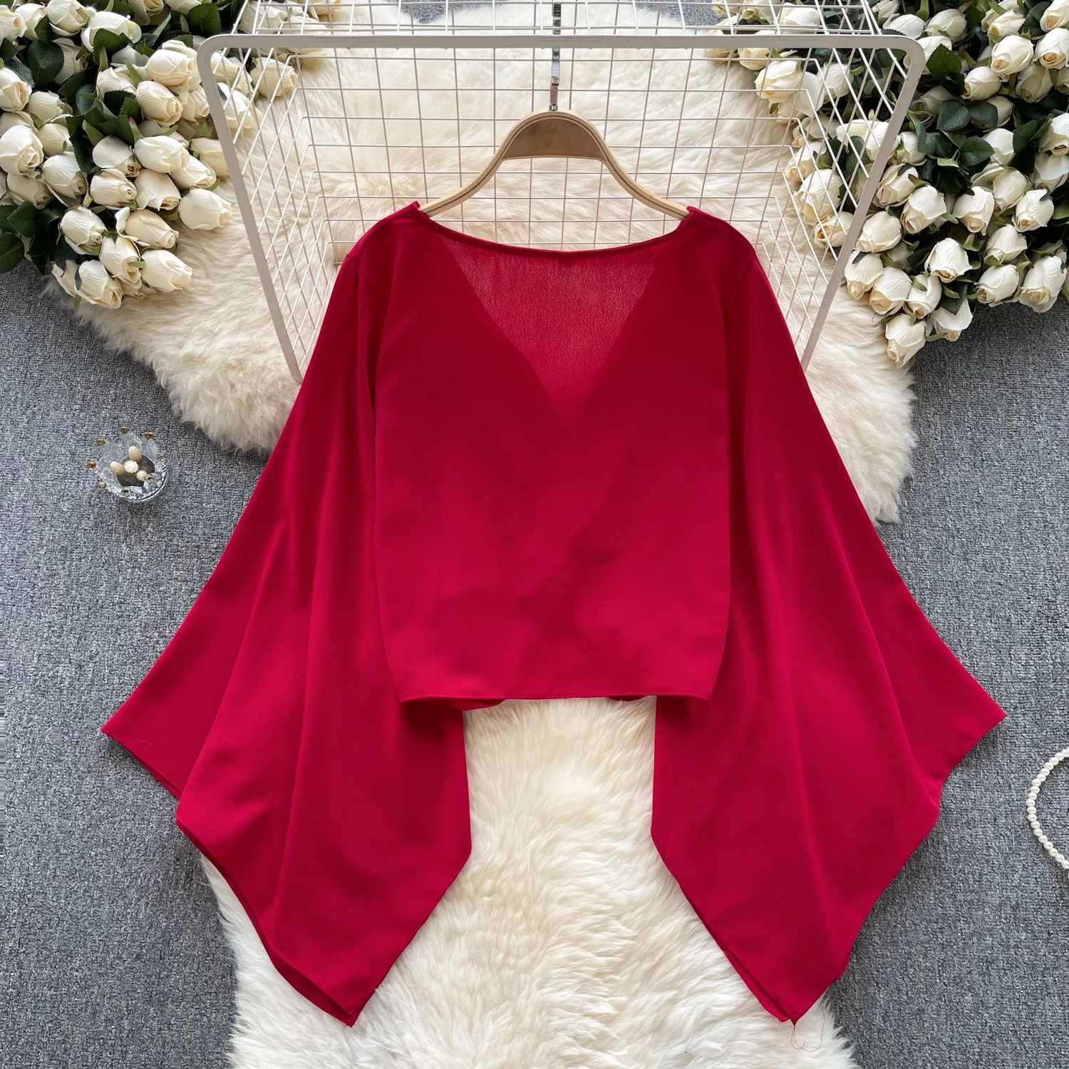 Chic Sweet Flare Long Sleeve V Neck Crop Blouse Slim Chiffon Elegant Korean Fashion Top Sexy Women Shirt