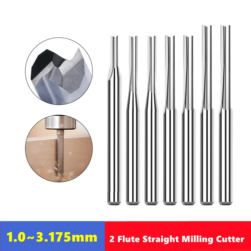 10 adet karbür End Mill 3.175mm (1/8)Shank 2 flüt düz yuvası freze kesicisi MDF plastik ahşap kesici CNC makinesi yönlendirici Bit