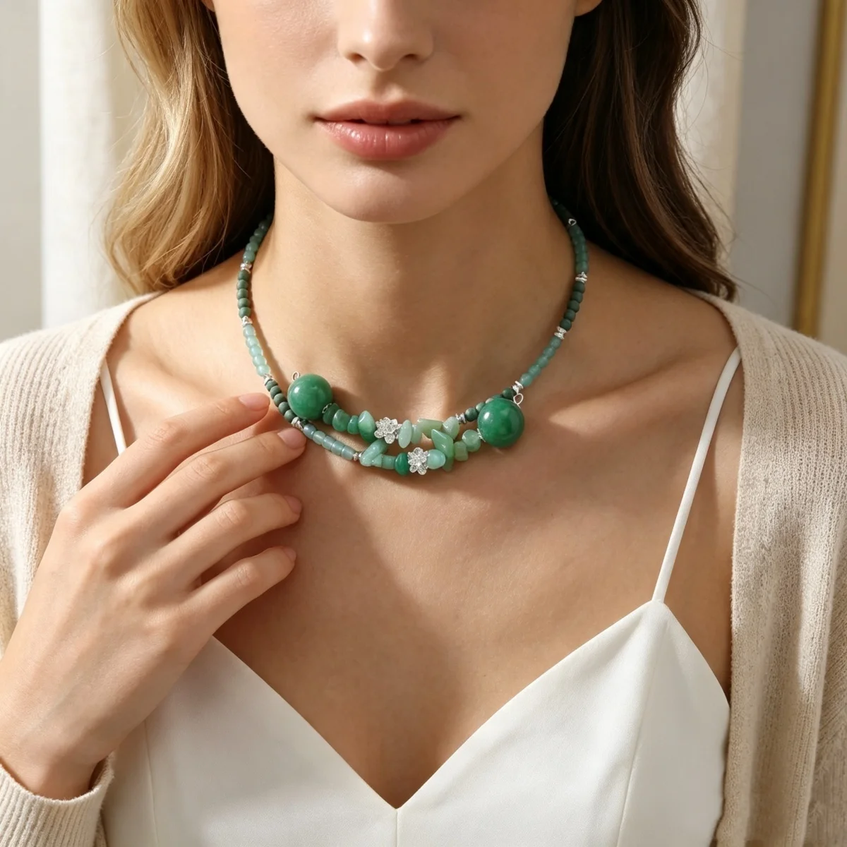 Vintage Ethnische Grüne Naturstein-Halskette mit Unregelmäßigen Perlen für Frauen und Männer, Chinesischer Stil, Silberfarbener Lotusblumen-Choker Schmuck – Detail 7