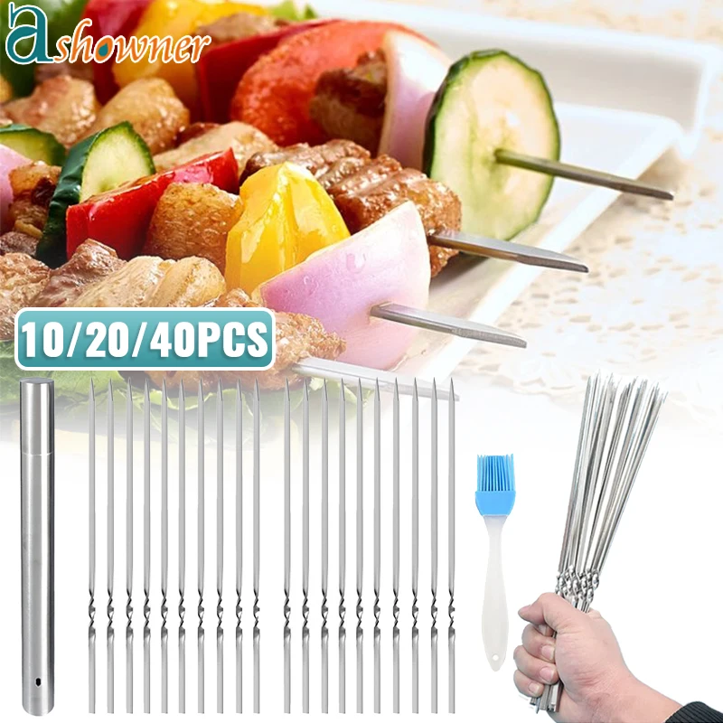 10/20/40Pcs Stainless Steel Barbecue Skewer Reusable BBQ Needle Kebab Iron Stick For Outdoor Camping Picnic Tools Cooking Tools