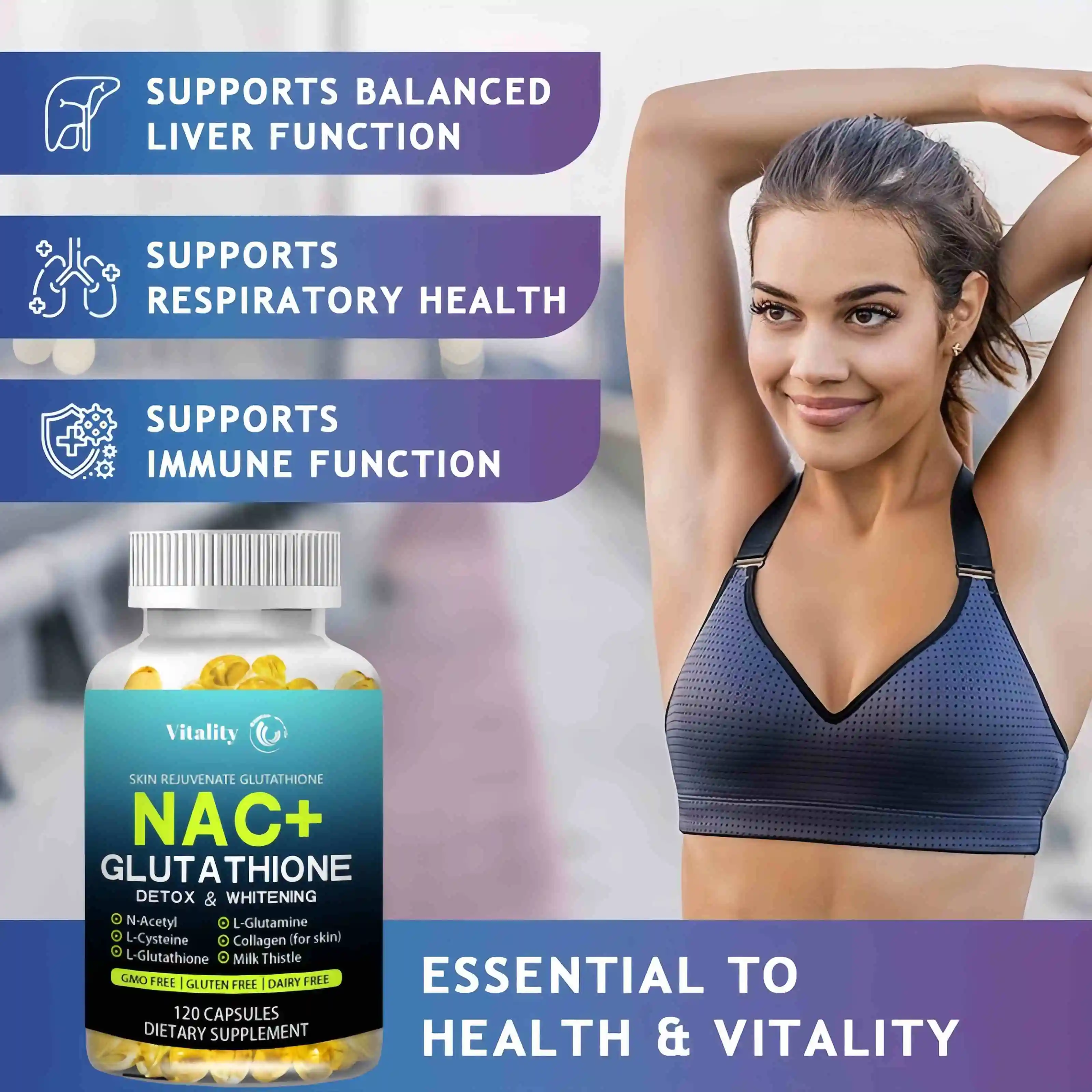 Vitality NAC + Glutathione Supplement To Support Skin Health - Antioxidant Supplement, Non-GMO, 120 Capsules