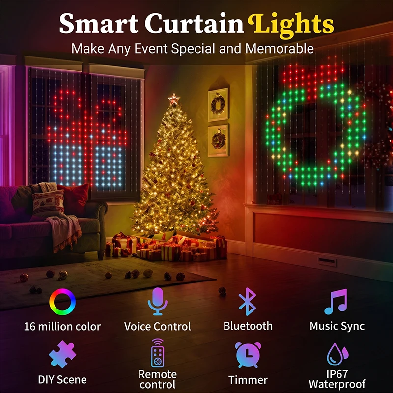 Smart Curtain Lights RGB Color Changing Fairy Light Music Sync USB Powered App Control Waterproof for Indoor Outdoor Party Decor