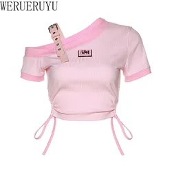 Pink Short Sleeve Tshirt Summer Y2k Crop Top Korean Aesthetic Streetwear Shirring Skew Collar Knit T Shirts Women Clothing 2024