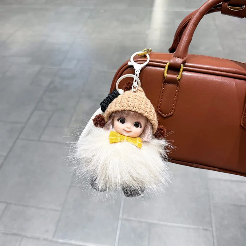 Faux Fox Fur Big Eye Princess Doll Plush Pendant Cute Plush Ball Keychain Small Coal Ball Keychain Bag Decor OB11 Doll For Gift