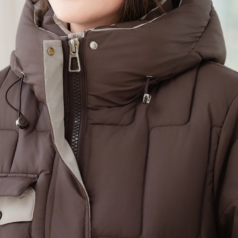 Damska kurtka zimowa z bardzo długim rękawem, ocieplana bawełną, parka z paskiem, dopasowana, gruba, z kontrastowym kolorem, z kapturem, codzienna odzież wierzchnia, moda 2025.