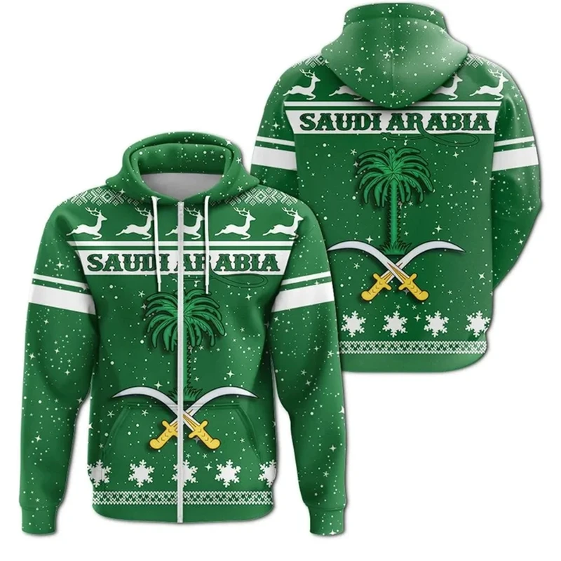 Saudi Arabia Flag Map Graphic Hooded Sweatshirts SA National Emblem Zip Up Hoodie For Men Clothes Casual Male Sports Pullovers