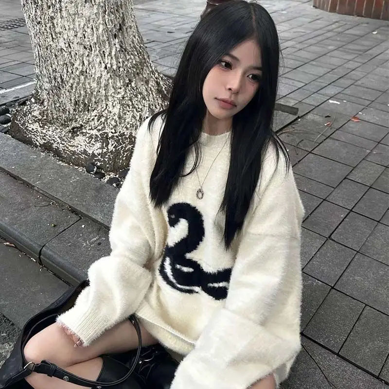 Deeptown Y2k White Gothic Print Women Sweater Oversized Harajuku Korean Fashion Knitted Pullovers Snake Autumn Warm Streetwear