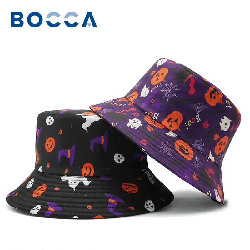 Bocca Cartoon Halloween Bucket Hat Ghost Pumpkin Printing Fisherman Hats Double Sides Panama Cap For Men Women Festival Outdoor