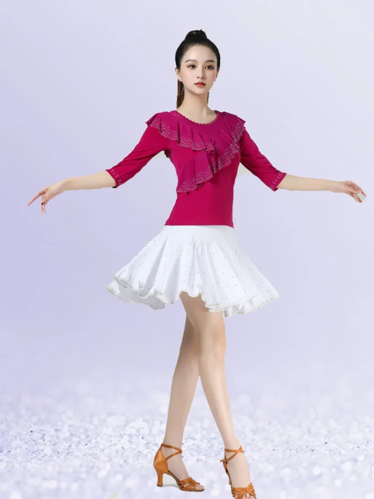 Ruffles Ballroom Long Sleeves Standard Latin Dance Top Dancewear Women Rhinestones Waltz Wear Luxury Jazz Competition Skirt