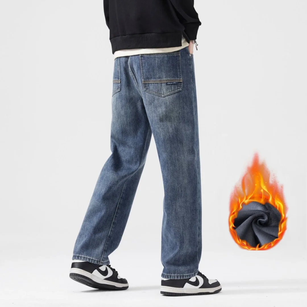 

Winter Men's Fleece Thick Loose Jeans Fashionable Baggy Straight Leg Wool Wide Leg Pants Wool Velvet Casual Pants Y2k
