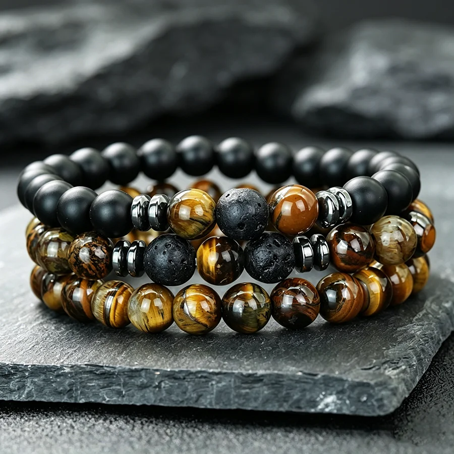 Lot de 3 bracelets pour homme en pierre de lave et œil de tigre naturel, avec perles en onyx noir mat, pour soulager le stress et le yoga
