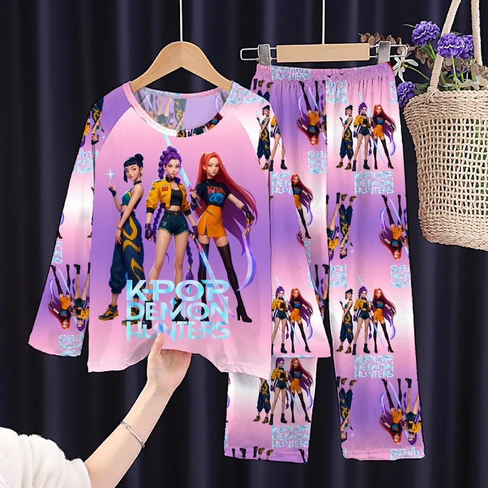 Pyjamasets voor meisjes van 3-12 jaar, Koreaanse tienerpyjama's in roze en paars, lange mouwen, kinderpyjama's, pyjama's voor jongens, 2-delige kinderkleding