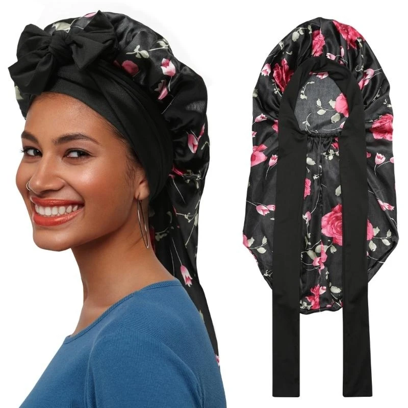400A Long Silky Sleep Bonnet for Curly Hair Long Braids Satins Hair Bonnet