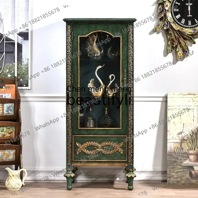 LHY26 ss American Style Solid Wood High Wine Cabinet Single Door Storage Glass Door Peacock Green Living Room Display Cabinet