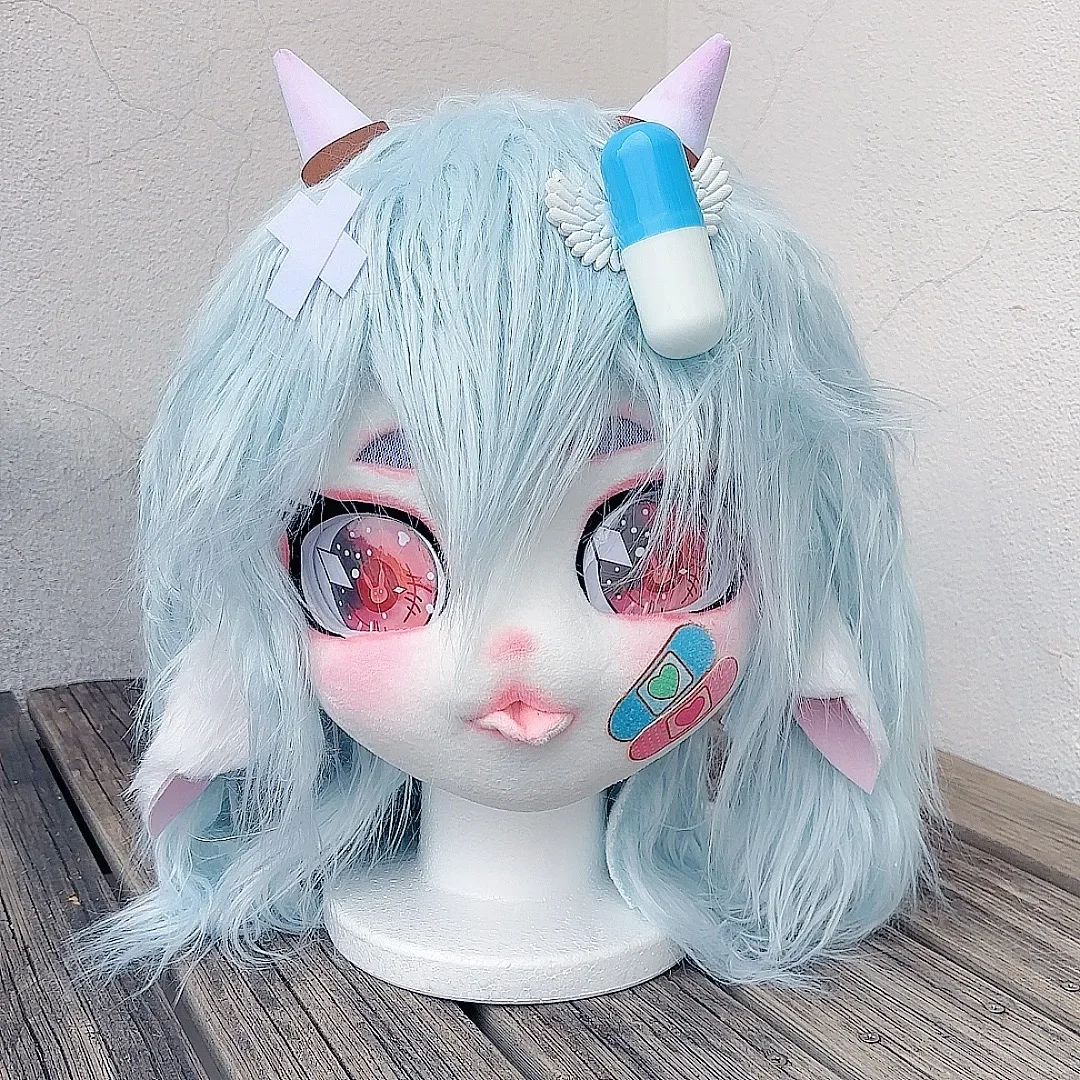 Gotowe zajęcia głowa owca zestawy słuchawkowe Kigurumi futrzane kostiumy częściowy futrzany garnitur puszysty Menhera Yami Kawaii Loli Party