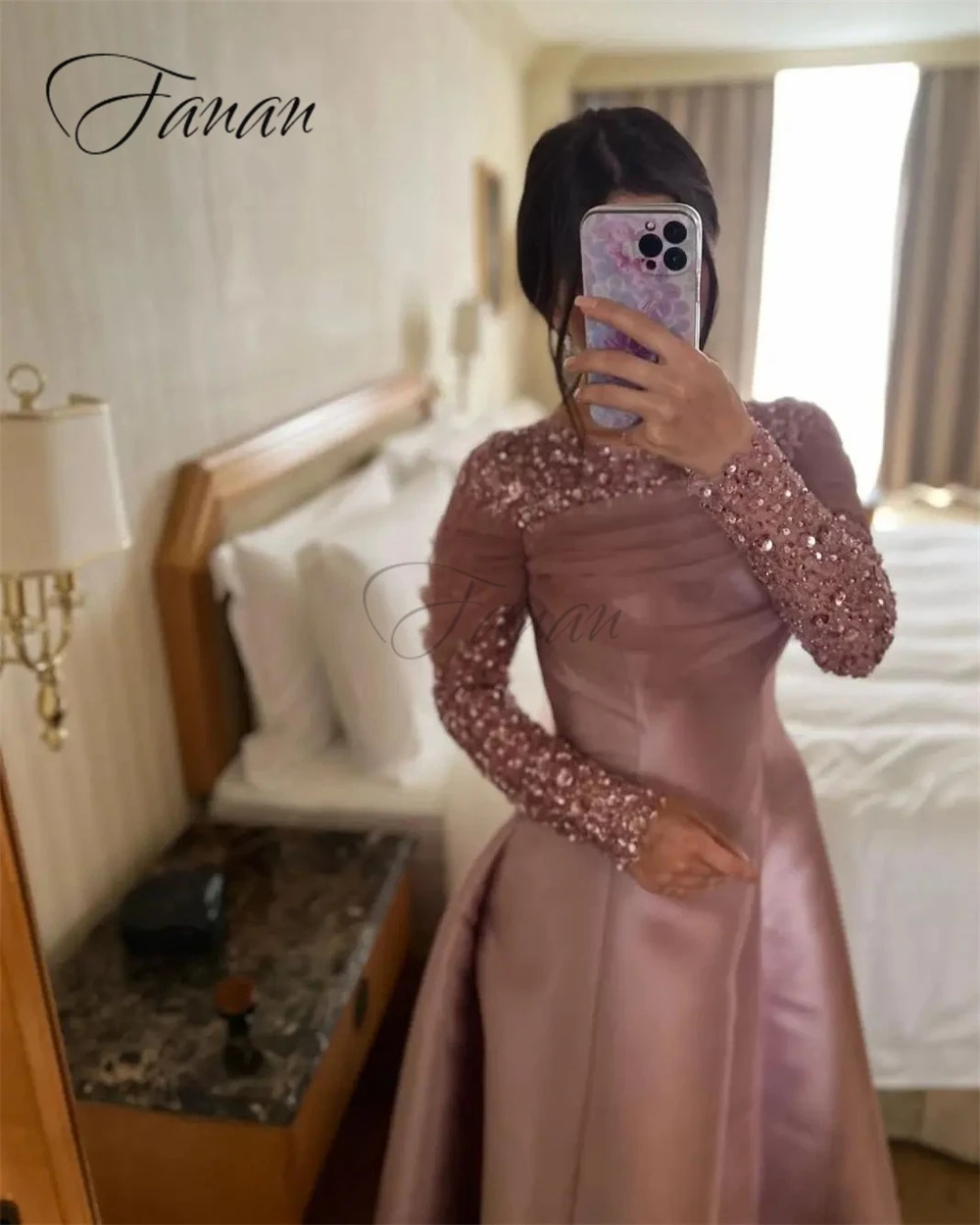 Customized Round Neck Long Sleeve Illusion Satin A-line Prom Gown Backless Patchwork Evening Party Dresses فساتين السهرة 2023 جد