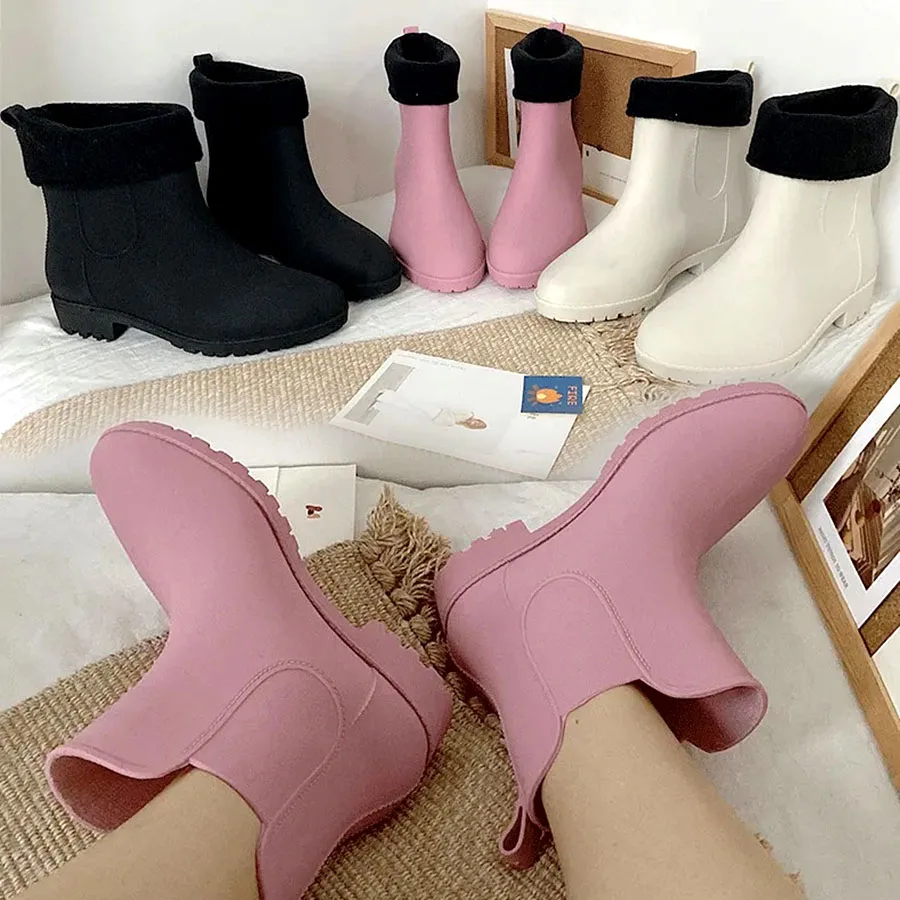 Rain Boots Women Short Tube Non-Slip Waterproof Shoes Black Cotton Cover Water Boots Soft Bottom Lightweight Rubber Shoes Solid