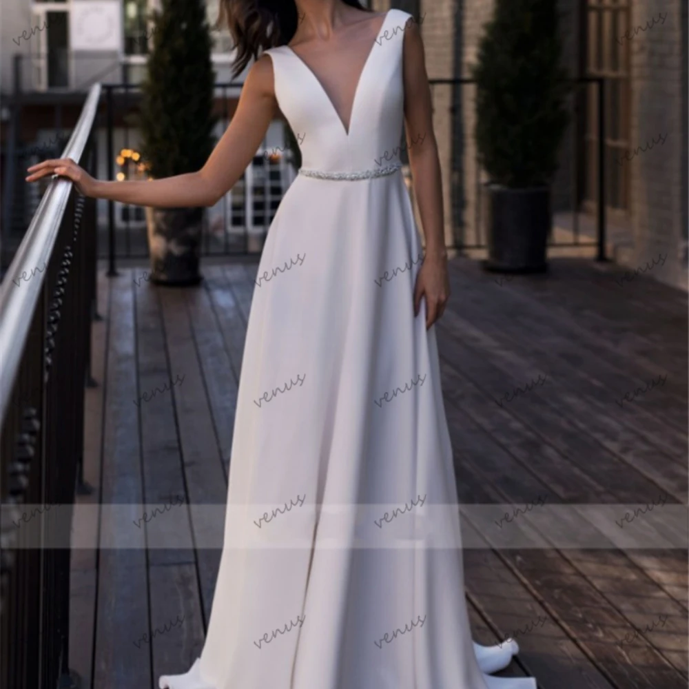 

Elegant Wedding Dresses A-Line Satin Bridal Gowns Sequin Appliques Sleeveless Backless Deep V-Neck Robes Vestidos De Novia 2024