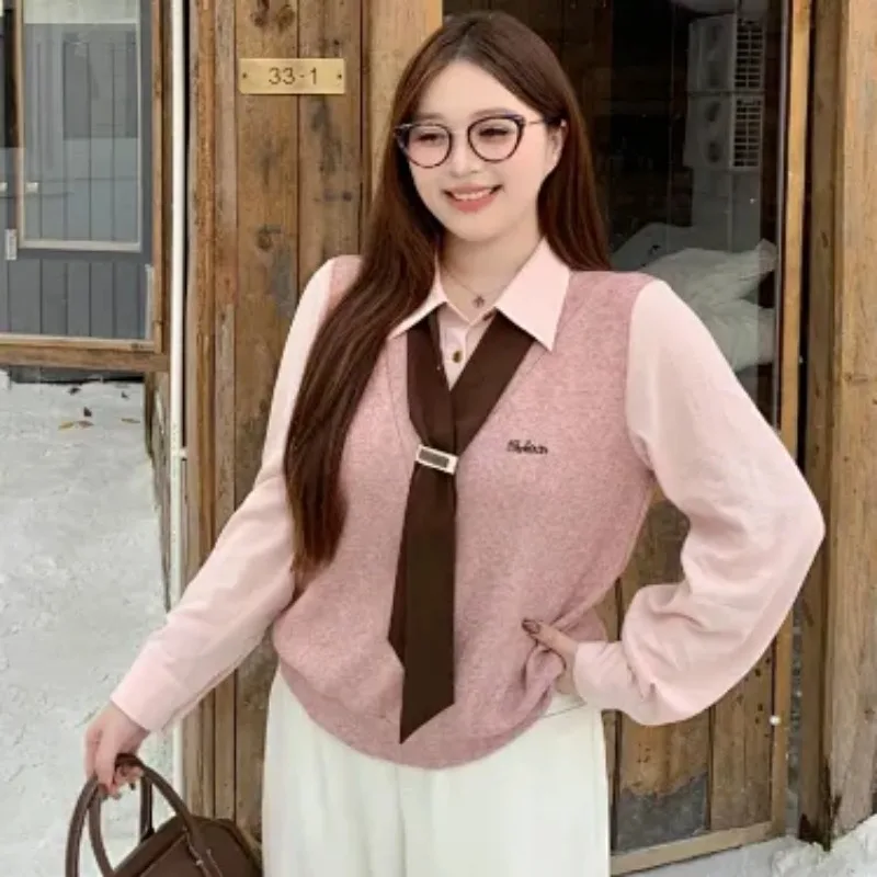 Women Fake Two Piece Knit Top Lapel Shirt Collar Splice Vest Blouse Preppy Style Versatile Long Sleeve Pullover