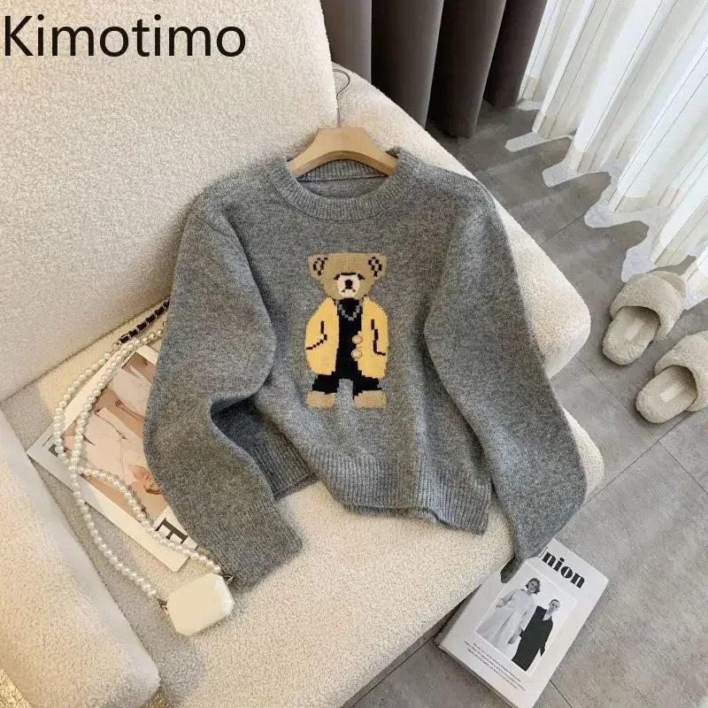 Kimotimo mignon ours Jacquard pull femmes col rond paresseux doux recadrée pull automne hiver mode à manches longues tricoté hauts