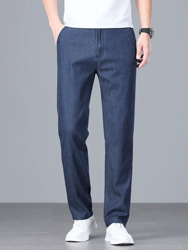 High Waist Summer Thin Mens Jeans Straight Stretch Loose Casual Pants Denim Jeans For Male Breathable Business Casual Trousers