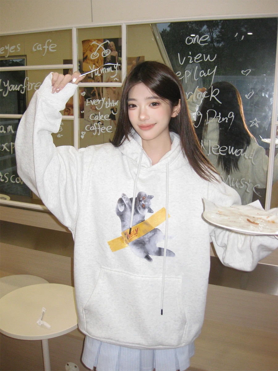 

American Style Illustration Tape Hoodie Women's Loose Heavyweight Overhead Shirt Autumn Winter Couple Jacket Streetwear
