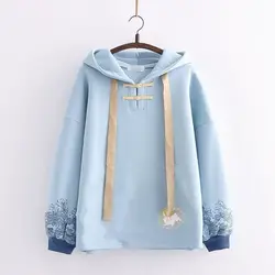 Chinese Style Buckle Hooded Sweatshirt Women Fashion Embroidery Loose Long Sleeve Splice Hoodies Outdoor Pull Tops Spring Fall