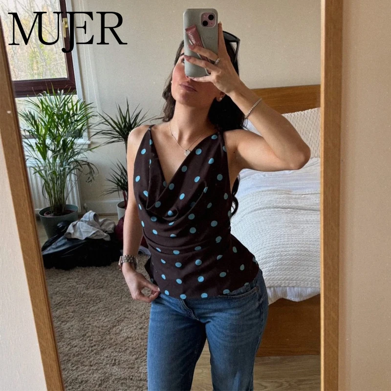MUJER Tops plisados ​​con lunares para mujer, camisola sexy sin espalda para mujer, camisola de verano sin mangas, camiseta con tirantes para mujer, camiseta de playa para mujer