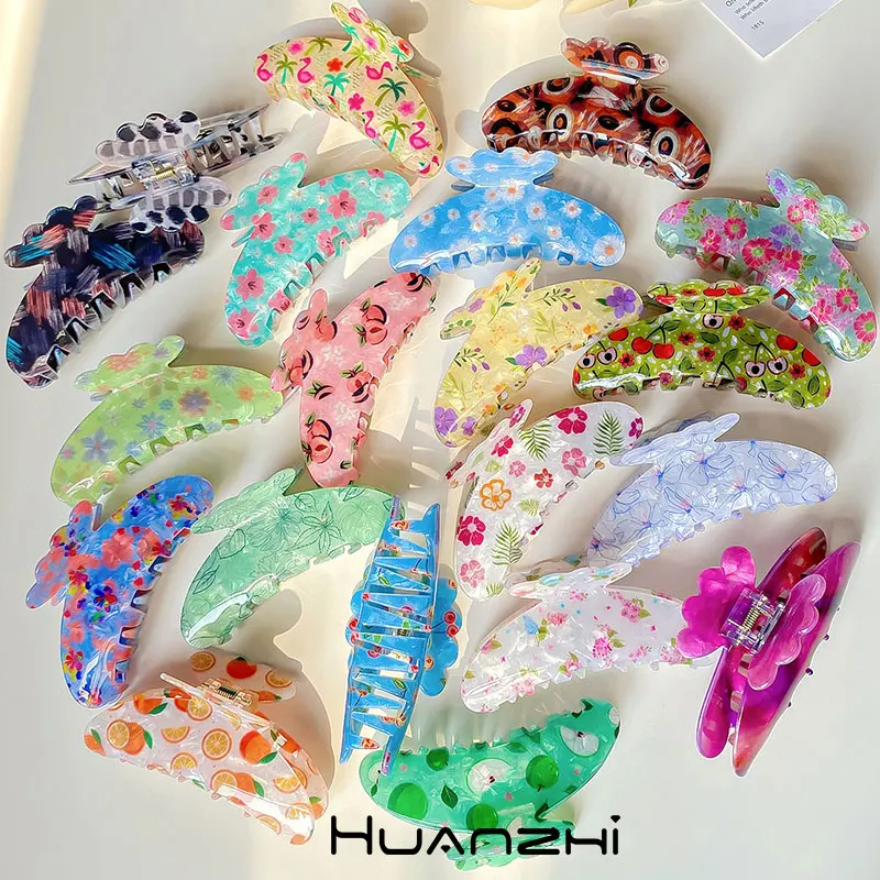 Colorful Printing Resin Big Hair Claw Daisy Flower Orange Cherry Apple Hair Clip for Women Trendy Sweet Headwear HUANZHI NEW