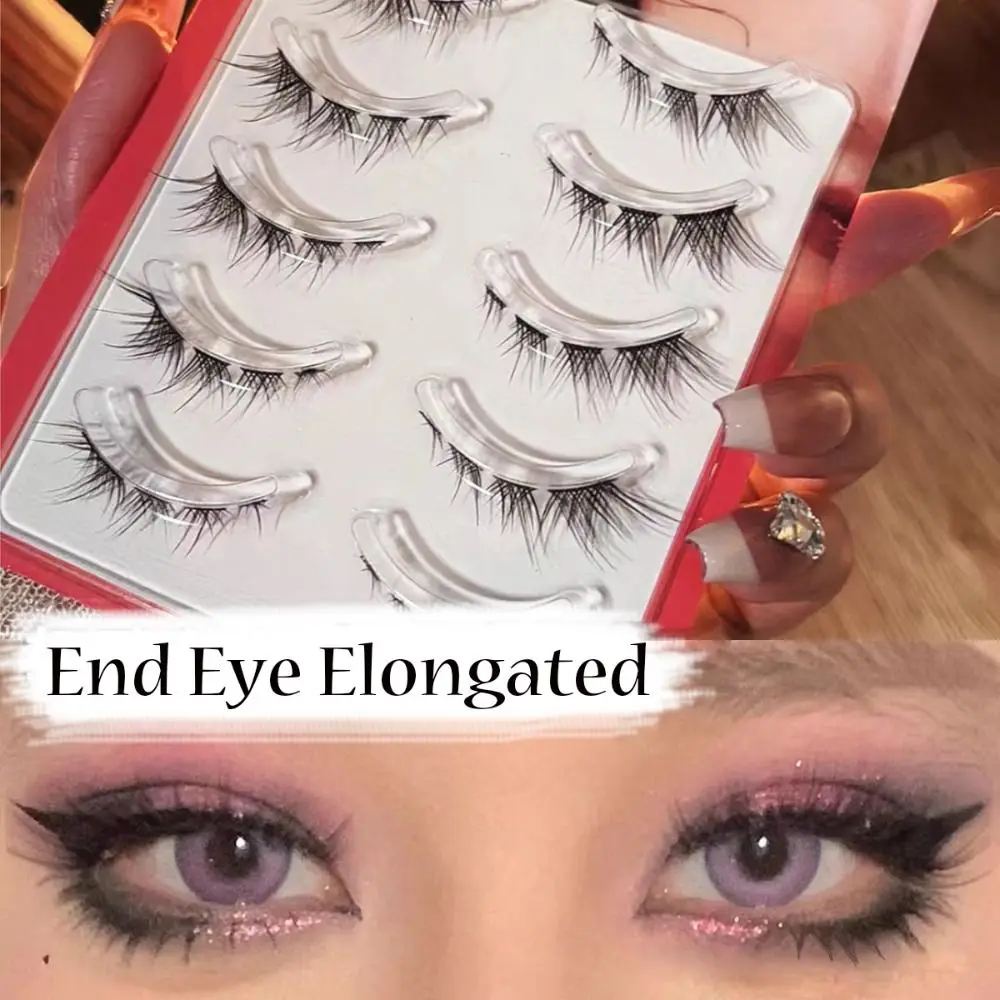 5 Pairs End Eye Elongated Natural Messy Winged 3D Mink Transparent Stem Cat Eye Fox Lashes False Eyelashes