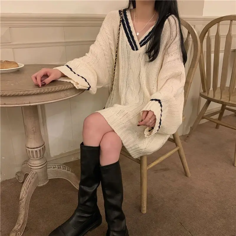 Pullovers Women Patchwork Daily Vintage Basic All-match Students Thicken Sweater Loose Korean Style V-neck Winter Leisure Simple