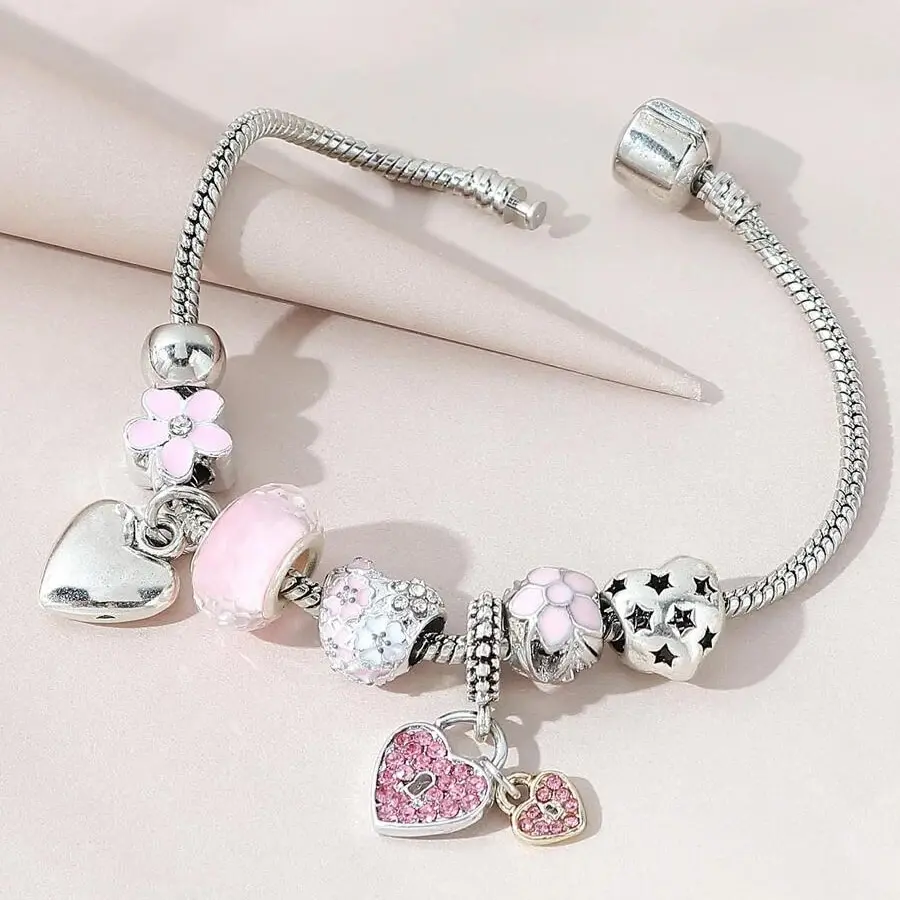 Obega Love Heart Flower Glass Pendant Charm Bracelet Classic Pink White Crystal Stone Adjustable Bead Bracelet Silver Gold Color