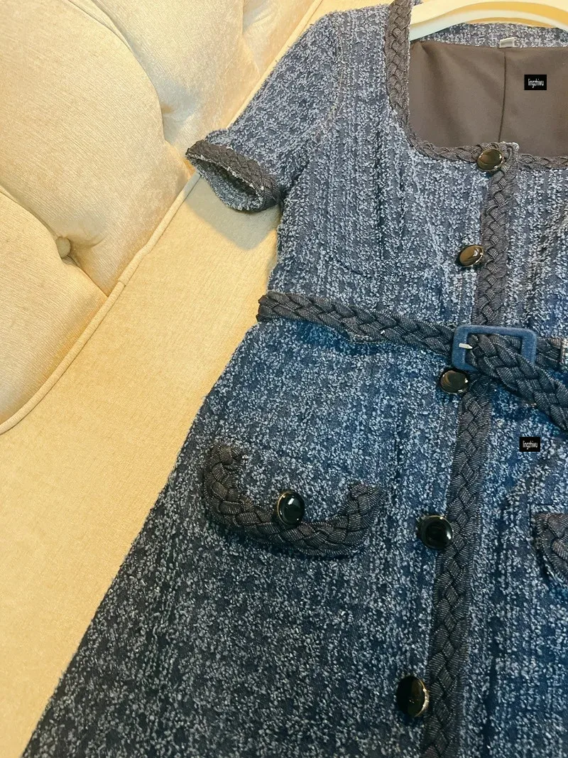 Women Tweed Dress Navy Blue French Design Vintage Square Collar Autumn Elegant Beautiful Denim Blue Ladies Dresses New Arrival