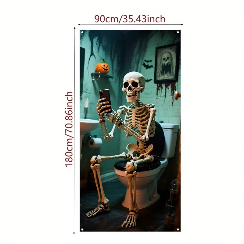 لافتة ثنائية الأبعاد، ديكور باب المرحاض هيكل عظمي للهالوين - مشهد حمام رعب مع الخفافيش والقرع وشبكات العنكبوت - بوليستر #2