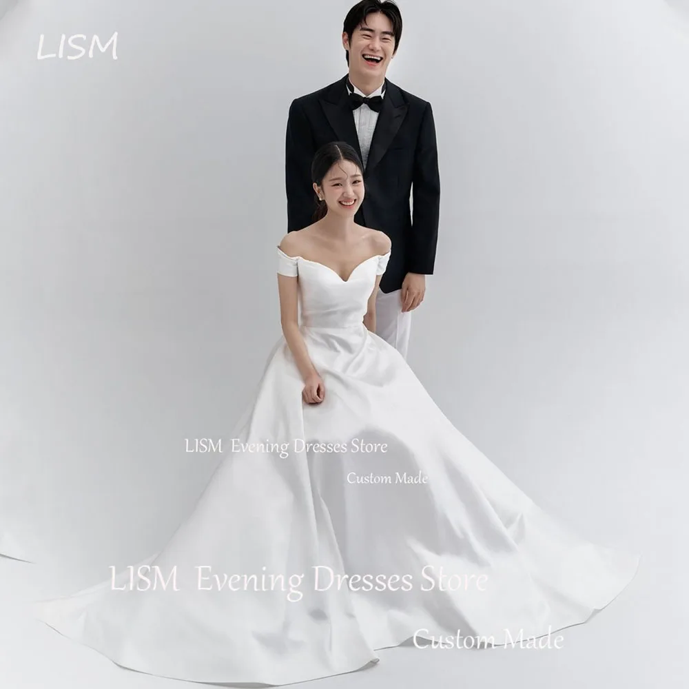 

LISM Classic Off Shoulder V Neck Satin Korea Wedding Dresses A Line Vestidos De Novia Bride Dress Custom For Women Photos Shoot