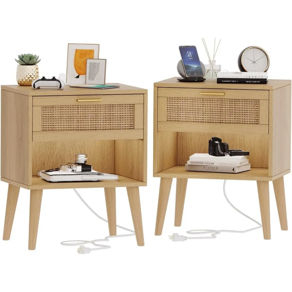 Pair of 17.7 Irontar Nightstands for Bedroom, Featuring Charging Station and Rattan Drawers, Bohemian Style Bedside Tables