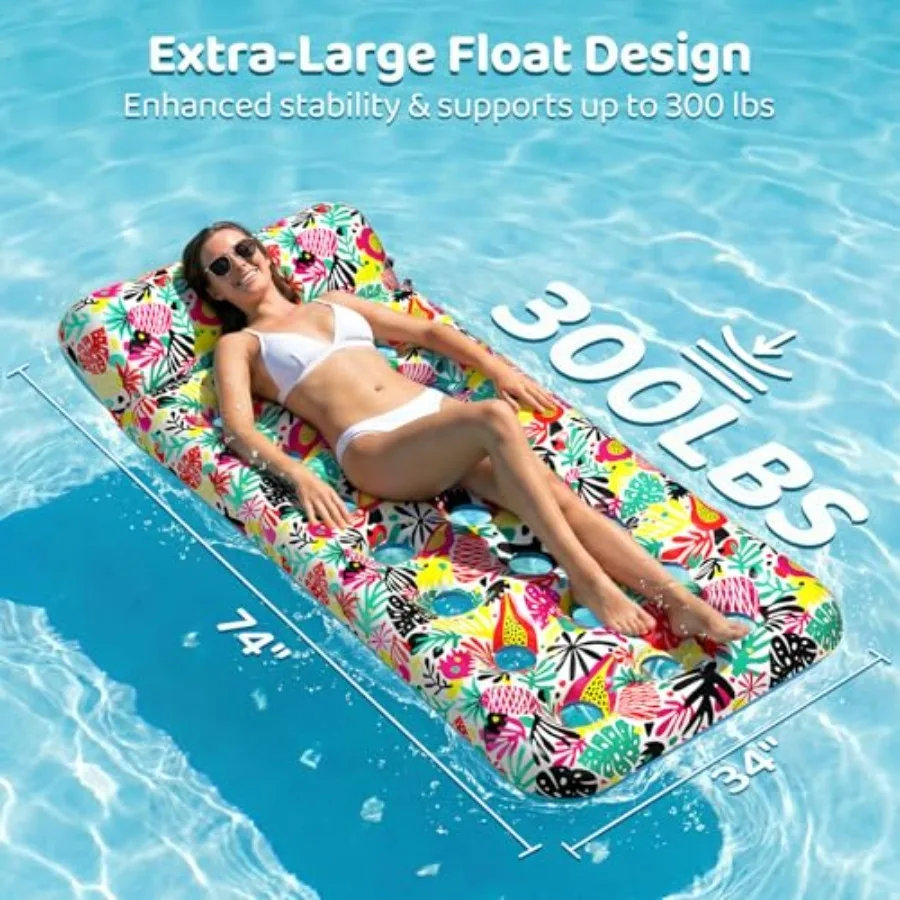 4 Pack Pool Floats Adult: Oversized Inflatable Pool Float Loungers with Headrest, PVC Material, Blue Yellow, Extra Comfort Stab