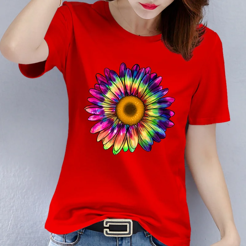 

Round-neck Short-sleeved T-shirt Women's Colorful Sunflower Print Summer Top Graphic T Shirts Aesthetic Clothes Aesthetic