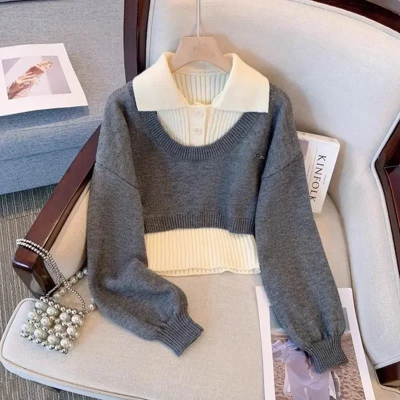 Y2k Two-piece Set Women Knitted Sweater Harajuku Autumn Winter Coat Design Trend Tops Collegiate Pullovers Suits Short Outerwear