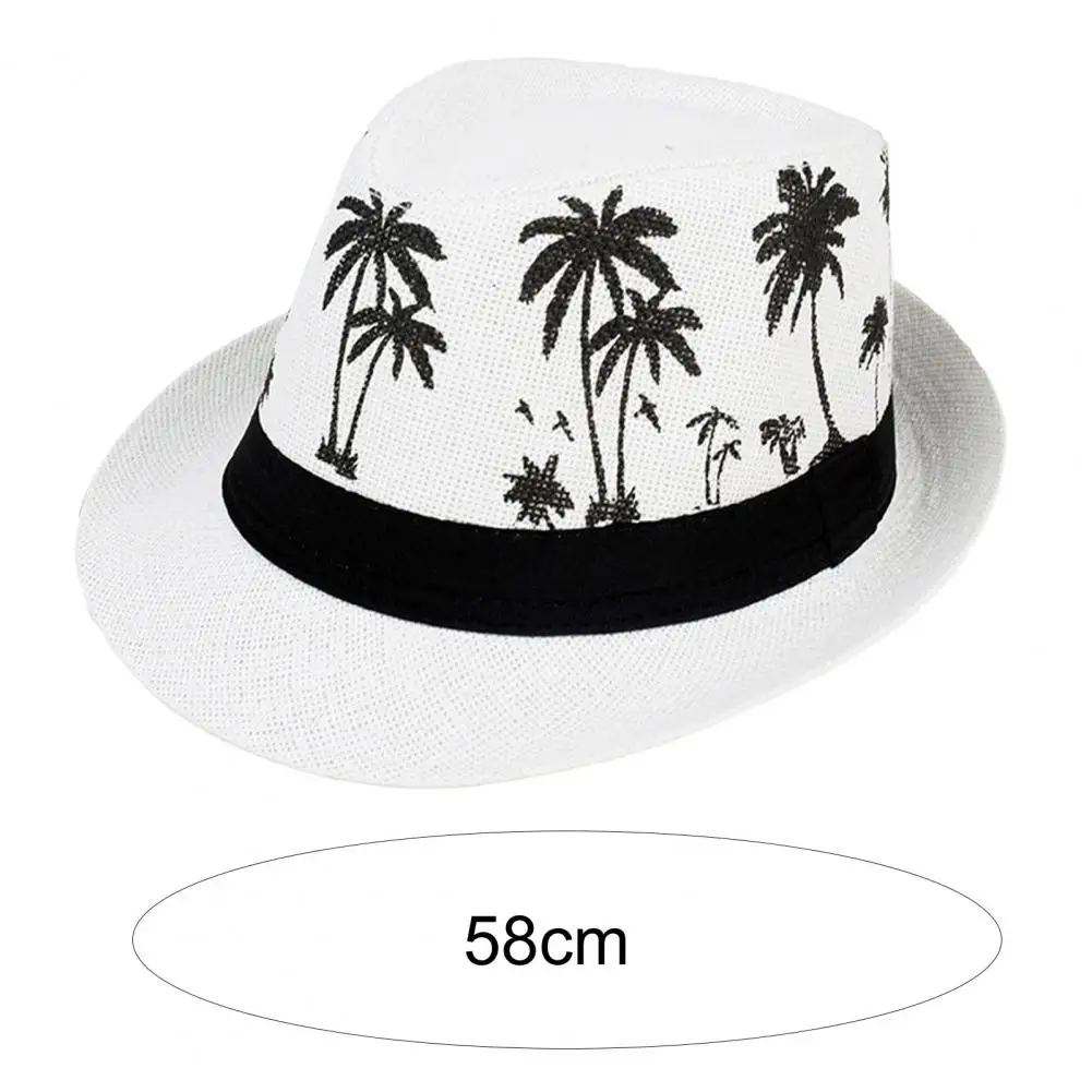 Men Beach Hat Breathable Short Brim Tree Print Contrast Color Flat Top Sun Protection Straw Hat Outdoor Travel Jazz Hat Headwear