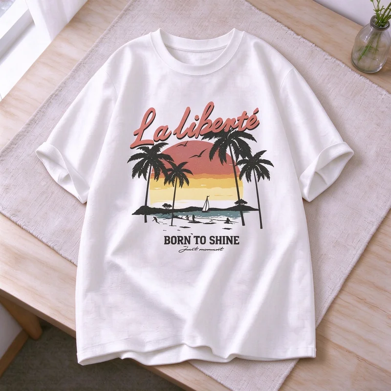 Vintage Sunset Palm Tree Beach T-shirt La Liberte Born To Shine Graphic Tee Summer Casual Cotton Short Sleeve Harajuku Y2k Top