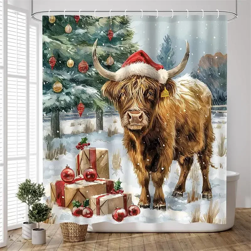 Christmas Highland Cow Shower Curtain Winter Cedar Snowy Xmas Gifts Farm Animal New Year Home Bathroom Curtains Decor With Hooks