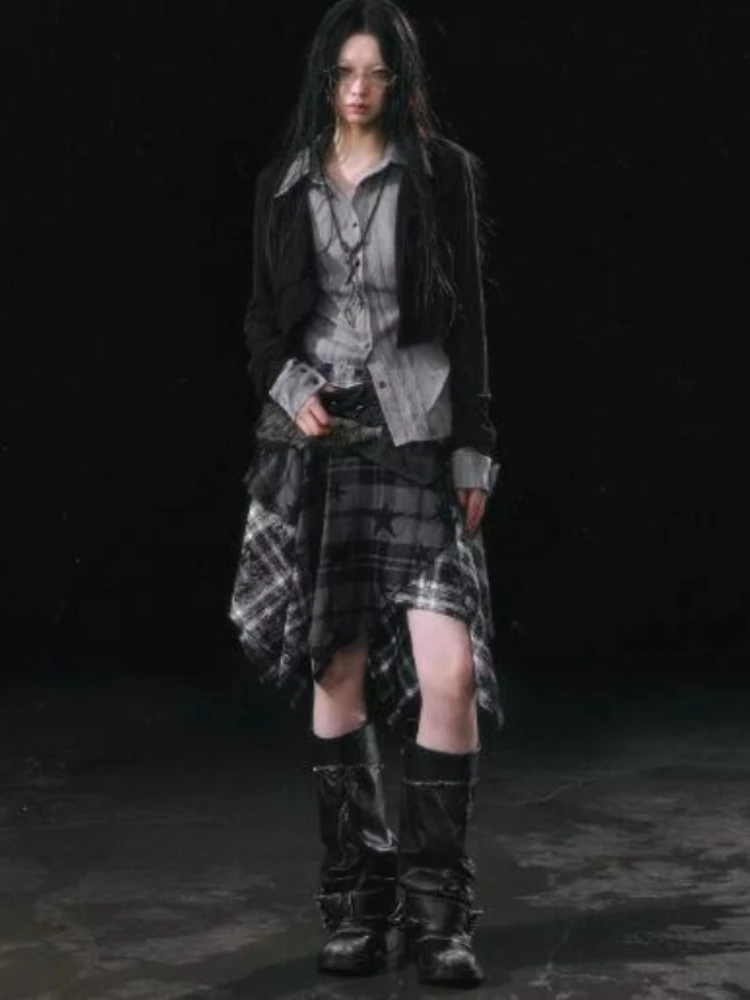 

2023 модная новая клетчатая юбка со звездами для женщин, летние универсальные юбки нестандартной формы Y2k с высокой талией, свободные средней длины Faldas Mujer