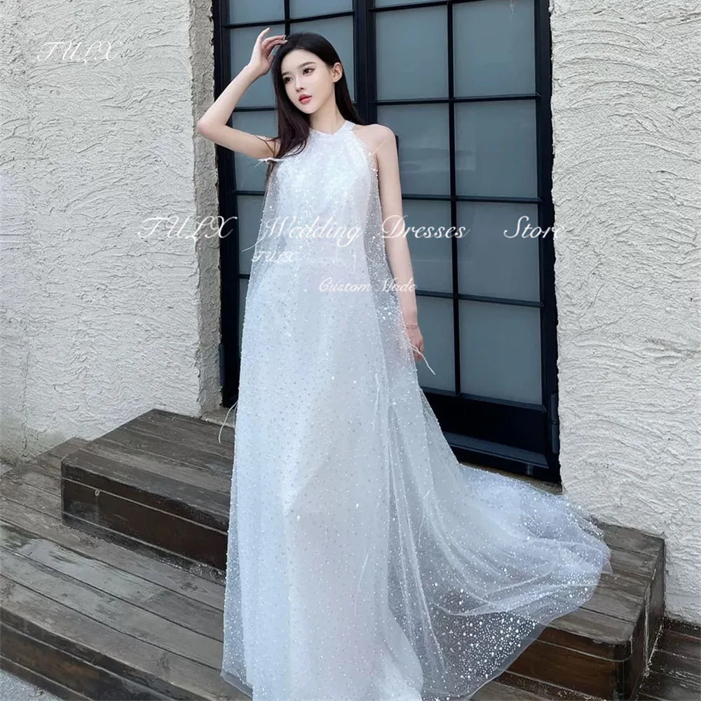TULX Principessa Scintillante Matrimonio Servizio fotografico Abito Halter Senza maniche Corea Abiti da sposa Una linea di lunghezza del pavimento nnegolare Personalizzato 2025