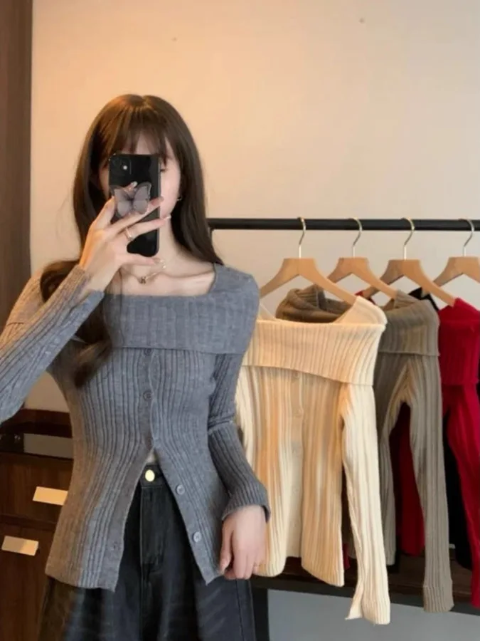 Chic ort oulder Bared Base Layer irt Ropa interior de mujer Suéter de punto Cárdigan abierto Sli Top para Otoño Invierno